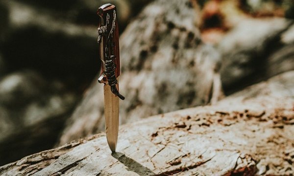 hunting knife on log