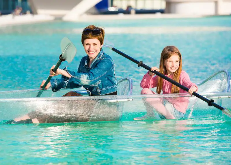 Mother and daughter in clear kayak