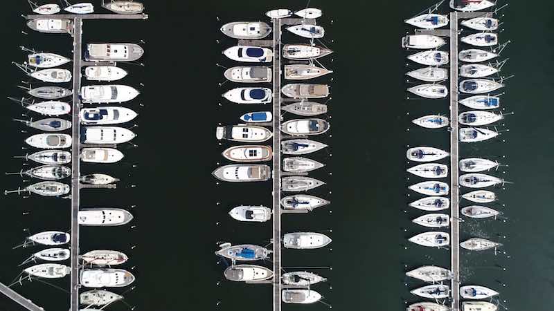 Aerial view of boats docked in marina